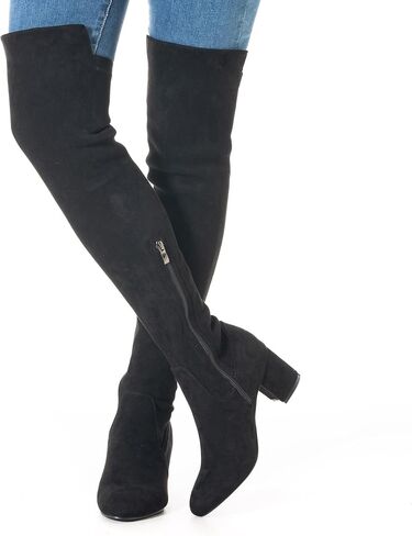 Mtzyoa Women's Over The Knee Boots, Stretch Synthetic Suede, Round Toe, 2.5 Inch Block Heel, Brown, Black, Beige, Fashion Evening Boots, Size 9 in Kuwait