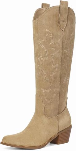 Erocalli White Cowgirl Boot Cowboy Boots for Women Embroidered Pull-On Chunky Stacked Heel Knee High Western Boots in Kuwait