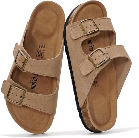 Project Cloud 100% Genuine Leather Womens Sandals Slides for Women (Venita) | Cork Footbed Sandals for Women with Memory Foam and Arch Support Vacation Essentials Slides for Women Footwear Flat Sandals in Saudi Arabia