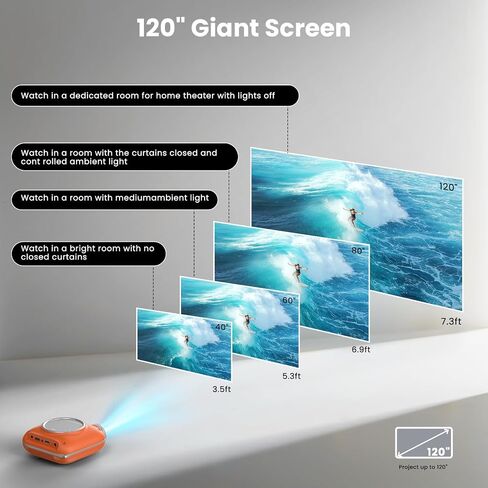 Mini Projector, 1080P Supported Portable Bluetooth projector | Mini & Portable, Built-in Bluetooth/Speaker, Home Theater, Outdoor/Indoor, HDMI/USB Compatible Phone & Laptop(Orange) in Kuwait