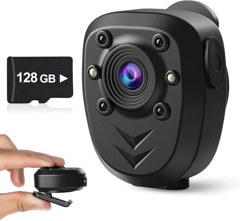 Mini Body Camera Video Recorder Built-in 128GB Memory Card with Night Vision IR & Loop Record HD 1080P, 4-6 HR Battery Life Wearable Police Cam for Home, Outdoor, Law Enforcement, Security Guard in Kuwait