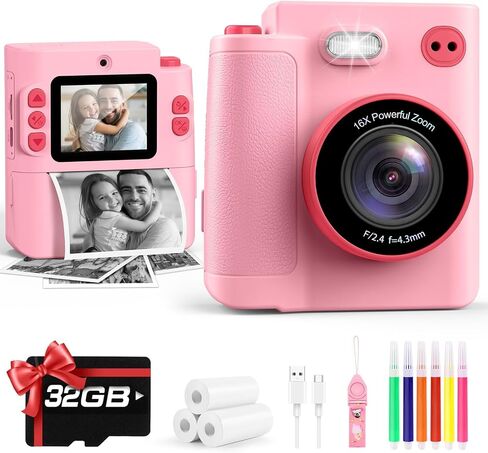 Yunaking Camera for Kids Instant Print, Birthday Christmas Boys Gift Blue | Dual Lens/1080P Video/Thermal Prints/Games/MP3, with 32G SD Card, Toys for Kids Boy Ages 3 4 5 6 7 8 9 10, Digital Camera in Kuwait