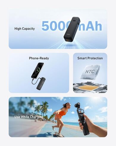 TELESIN Battery Handle for DJI Osmo Pocket 4P 4 3 Xtra Muse 5000mAh Extended Battery Grip Adds 1.3X Runtime Supports Charging While Shooting Compact Tripod Mount for Travel and Vlogging in Saudi Arabia
