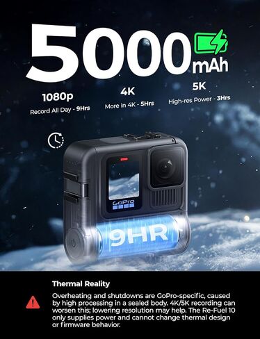 Re-Fuel 9 Hour Action Pack Extended Battery for GoPro Hero 13 12 11 10 9 Black, Waterproof 33ft Dustproof Rechargeable Power Bank (6 Hours 4K Recording) Pass Through Power, All Weather Backup Battery in Kuwait