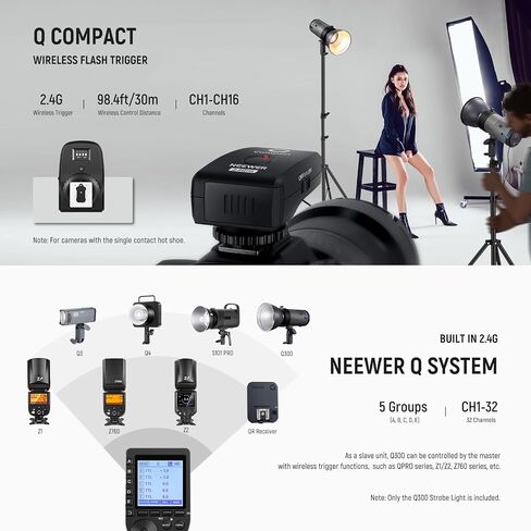 NEEWER Q300 300Ws 2.4G Outdoor Studio Flash with Q Compact Wireless Trigger, 7800mAh Li ion Battery Powered Strobe Light Photography Cordless Monolight with 1000 Full Power Flash 0.4-2.5s Recycle in Saudi Arabia