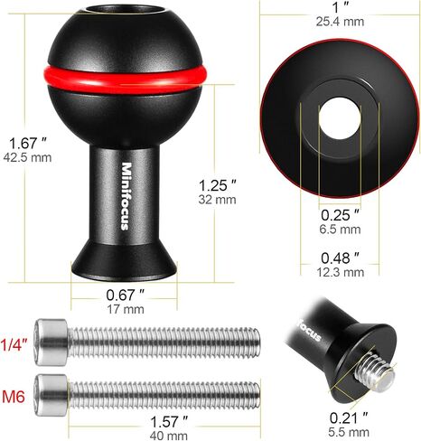 MINIFOCUS 1" Ball Adapter with M6 & 1/4" Threaded Stud, Aluminum Alloy Fixed Ballhead Mount Adapter for Action Camera & Camcorder Compatible Underwater Tray Bracket Flashlight System in Saudi Arabia
