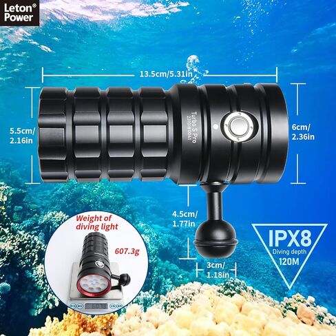 Diving Flashlight,LetonPower TS Pro 25000Lumens Underwater 100m Video Light, Scuba Dive Light, with Type-C Charging for Professional Outdoor Under Water Sports in Kuwait