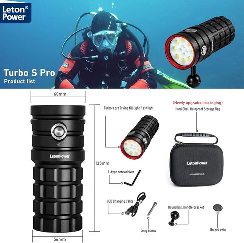 Diving Flashlight,LetonPower TS Pro 25000Lumens Underwater 100m Video Light, Scuba Dive Light, with Type-C Charging for Professional Outdoor Under Water Sports in Kuwait