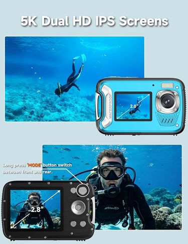 5K Waterproof Camera, 96MP 33FT Underwater Camera with Dual Screens, Autofocus Digital Camera for Snorkeling, Scuba Diving, Surfing & Travel in Kuwait