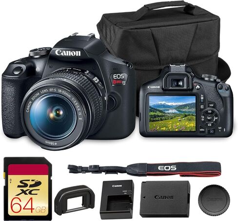 Canon EOS Rebel T7 DSLR Camera | 24.1MP APS-C CMOS Sensor with DIGIC 4+ Image Processor | Built-in Wi-Fi & NFC | EF Lens Compatible Beginner Photography Camera Kit with Shoulder Bag and 64GB Card in Kuwait