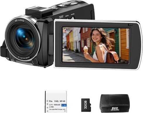 Camcorder Video Camera 4K, 64MP Digital Camera for Vlogging, 18X Digital Zoom YouTube Camera 3" 270° Rotation Screen Video Recorder with Battery, 32GB Card, Remote Control in Kuwait