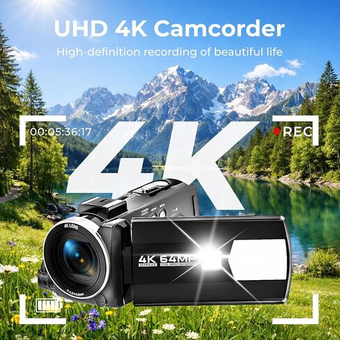 Camcorder Video Camera 4K, 64MP Digital Camera for Vlogging, 18X Digital Zoom YouTube Camera 3" 270° Rotation Screen Video Recorder with Battery, 32GB Card, Remote Control in Kuwait