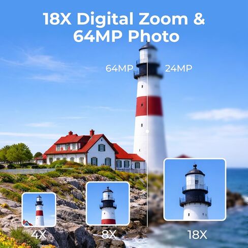 Camcorder Video Camera 4K, 64MP Digital Camera for Vlogging, 18X Digital Zoom YouTube Camera 3" 270° Rotation Screen Video Recorder with Battery, 32GB Card, Remote Control in Kuwait