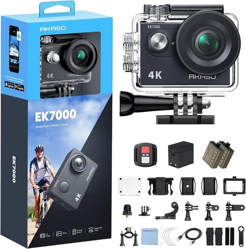 AKASO EK7000 4K30FPS 20MP WiFi Action Camera with EIS Ultra HD 131FT Waterproof Underwater Camera Remote Control 4X Zoom Support External Microphone Black in Kuwait