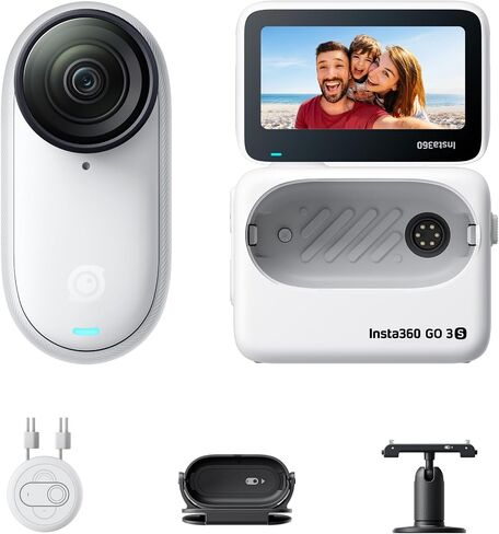 Insta360 GO 3S - 128 GB White 4K Tiny Portable Vlogging Camera, Hands-Free POVs, Mount Anywhere, Stabilization, 140 Min Battery Life, 10m Waterproof, Apple Find My, Pet POV in Kuwait