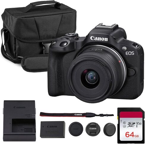 Canon EOS R50 Mirrorless Camera with 18-45mm Lens Bundle | 24.2MP APS-C Sensor, Dual Pixel CMOS AF II & 4K Video | for Beginners & Everyday Photography (5811C012) + 64GB Card + Battery + Bag + More in Kuwait