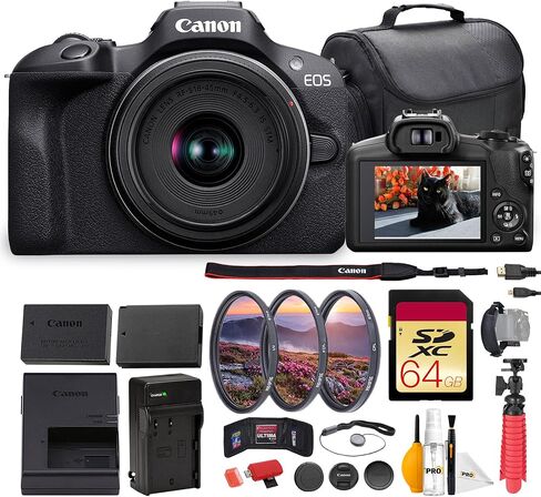 Canon EOS R100 Mirrorless Camera with 18-45mm Lens Bundle | 24.2MP APS-C Sensor, Dual Pixel AF & 4K Video | for Beginners, Travel, & Family Photography (6052C012) + 64GB Card + Battery + More in Kuwait