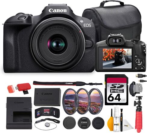 Canon EOS R100 Mirrorless Camera with 18-45mm Lens Bundle | 24.2MP APS-C Sensor, Dual Pixel AF & 4K Video | for Beginners, Travel, & Family Photography (6052C012) + 64GB Card + Battery + More in Kuwait