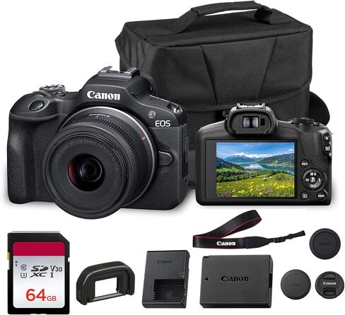 Canon EOS R100 Mirrorless Camera with 18-45mm Lens Bundle | 24.2MP APS-C Sensor, Dual Pixel AF & 4K Video | for Beginners, Travel, & Family Photography (6052C012) + 64GB Card + Battery + More in Kuwait