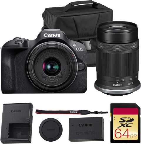 Canon EOS R100 Mirrorless Camera with 18-45mm Lens Bundle | 24.2MP APS-C Sensor, Dual Pixel AF & 4K Video | for Beginners, Travel, & Family Photography (6052C012) + 64GB Card + Battery + More in Kuwait