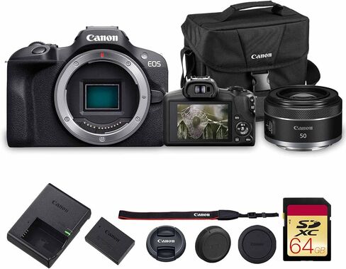 Canon EOS R100 Mirrorless Camera with 18-45mm Lens Bundle | 24.2MP APS-C Sensor, Dual Pixel AF & 4K Video | for Beginners, Travel, & Family Photography (6052C012) + 64GB Card + Battery + More in Kuwait