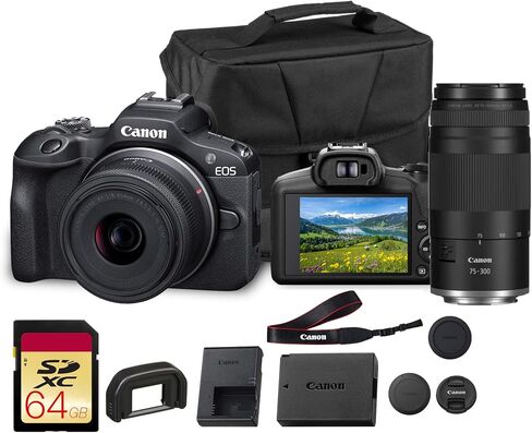 Canon EOS R100 Mirrorless Camera with 18-45mm Lens Bundle | 24.2MP APS-C Sensor, Dual Pixel AF & 4K Video | for Beginners, Travel, & Family Photography (6052C012) + 64GB Card + Battery + More in Kuwait