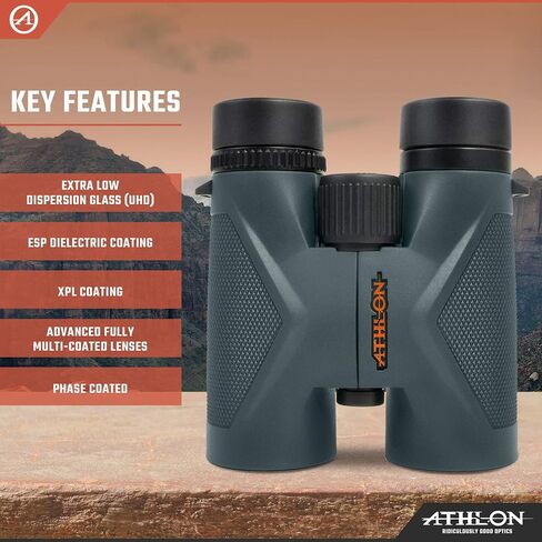 Athlon Optics 8x42 Midas UHD Gray Binoculars with ED Glass for Adults and Kids, High-Powered Binoculars for Hunting, Birdwatching, and More | For Hunting, Birdwatching, and Adults & Kids | High-Powered, ED Glass, Eye Relief | Waterproof and Fogproof in Kuwait