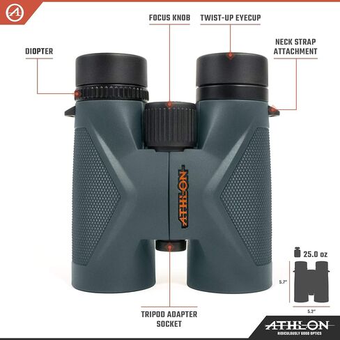 Athlon Optics 8x42 Midas UHD Gray Binoculars with ED Glass for Adults and Kids, High-Powered Binoculars for Hunting, Birdwatching, and More | For Hunting, Birdwatching, and Adults & Kids | High-Powered, ED Glass, Eye Relief | Waterproof and Fogproof in Kuwait