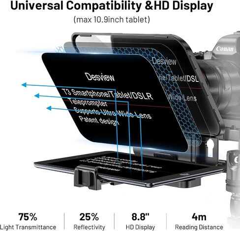 Desview T3 Teleprompter for Camera & Smartphone - Supports iPad/Tablet up to 10" - Beam Splitter Glass with Bluetooth Remote - Wide Angle Support for YouTube, TikTok & Live Streaming in Kuwait