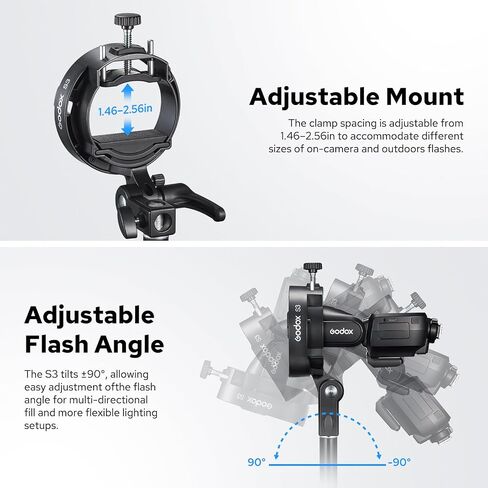 Godox S3 Speedlite Bracket, S-Type Bracket Updated Version Bowens Mount Holder for Godox V1 V1Pro V100 AD300Pro AD300ProII AD200ProII AD200Pro AD200 V860II V860III TT350, Support ±90° Angle Adjustment in Kuwait