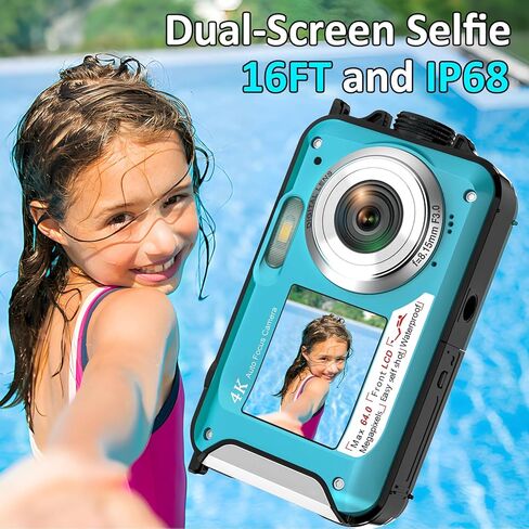 4K Underwater Camera 16FT Waterproof Camera with 32GB Card 64MP Autofocus Dual-Screen Selfie Underwater Camera for Snorkeling Waterproof Compact Floatable Digital Camera 1250mAh Battery Type-C in Kuwait