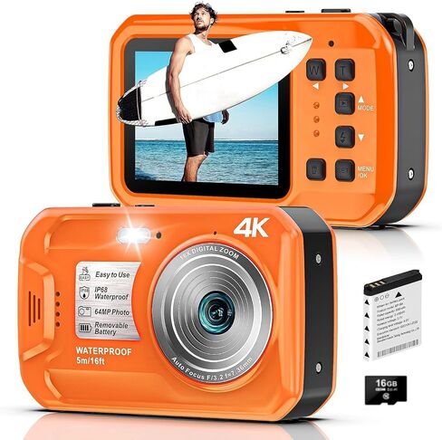 4K Underwater Camera, 64MP 16FT Compact Waterproof Camera with 16GB Card | Floatable Digital Camera, 16X Digital Zoom, Auto Focus, Fill Light, 650mAh Battery, Ideal for Travel, Surfing, Swimming in Kuwait
