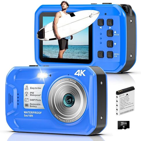 4K Underwater Camera, 64MP 16FT Compact Waterproof Camera with 16GB Card | Floatable Digital Camera, 16X Digital Zoom, Auto Focus, Fill Light, 650mAh Battery, Ideal for Travel, Surfing, Swimming in Saudi Arabia