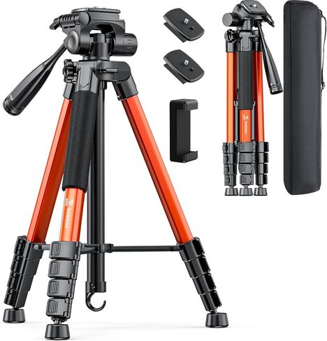 73" Camera Tripod, Aluminum Travel Tripod for Camera & Phone, Orange | DSLR Tripod with Phone Holder, Quick Release Plate, Travel Bag, Compatible with GoPro Camcorder, 8.8 lbs Load in Kuwait