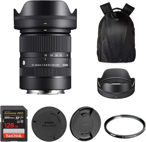 Sigma 18-50mm F2.8 DC DN Contemporary Lens for Fujifilm X Mount, Filter Kit | Sigma Bundle Includes Tiffen 55mm UV Protector Filter, SanDisk 128GB Extreme PRO UHS-I SDXC Memory Card and Camera Backpack in Kuwait