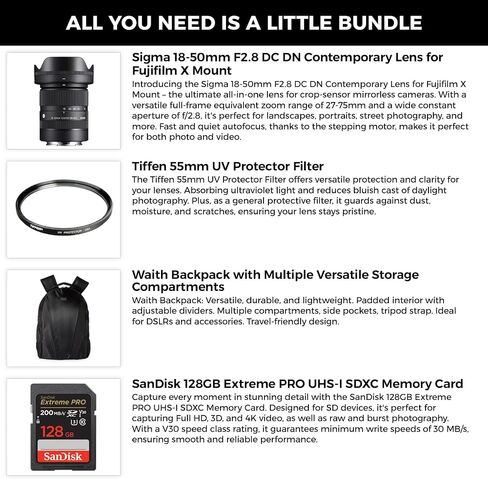 Sigma 18-50mm F2.8 DC DN Contemporary Lens for Fujifilm X Mount, Filter Kit | Sigma Bundle Includes Tiffen 55mm UV Protector Filter, SanDisk 128GB Extreme PRO UHS-I SDXC Memory Card and Camera Backpack in Kuwait