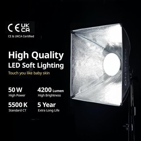 RALENO Softbox Photography Lighting Kit, 16'' x 16'' Softbox Lighting for TikTok with LED Bulb (50W | 5500K | 97 CRI | TLCI≥97), Continuous Light for Video Recording & Photography Shooting in Kuwait