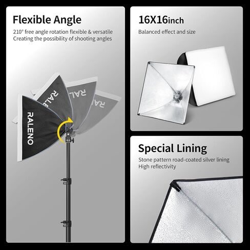 RALENO Softbox Photography Lighting Kit, 16'' x 16'' Softbox Lighting for TikTok with LED Bulb (50W | 5500K | 97 CRI | TLCI≥97), Continuous Light for Video Recording & Photography Shooting in Kuwait
