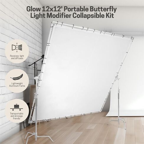 Glow 12x12' Butterfly Light Modifier Scrim Kit w/Lightweight Collapsible Aluminum Frame, White Diffuser Screen Fabric and Carry Case, Perfect for Still/Video Portrait Photography in Kuwait