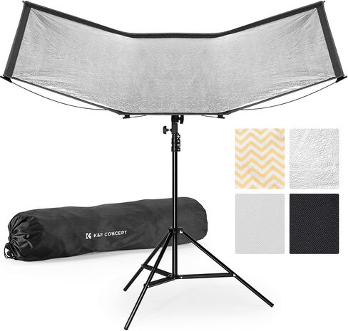 KK&F Concept 48"x26" Curved Reflector with Stand, Quick-Open, 4-in-1 | U-Shape Clamshell Reflector with Carrying Bag, for Studio Portrait & Video Shooting, Black/White/Silver/Gold LE10 in Kuwait