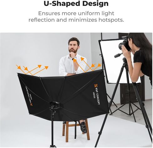 KK&F Concept 48"x26" Curved Reflector with Stand, Quick-Open, 4-in-1 | U-Shape Clamshell Reflector with Carrying Bag, for Studio Portrait & Video Shooting, Black/White/Silver/Gold LE10 in Kuwait