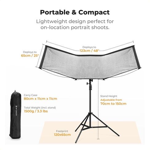 KK&F Concept 48"x26" Curved Reflector with Stand, Quick-Open, 4-in-1 | U-Shape Clamshell Reflector with Carrying Bag, for Studio Portrait & Video Shooting, Black/White/Silver/Gold LE10 in Kuwait