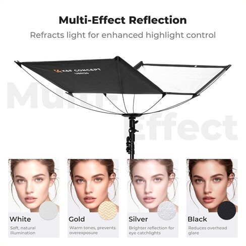 KK&F Concept 48"x26" Curved Reflector with Stand, Quick-Open, 4-in-1 | U-Shape Clamshell Reflector with Carrying Bag, for Studio Portrait & Video Shooting, Black/White/Silver/Gold LE10 in Kuwait