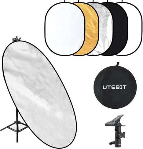 UTEBIT 31 Inch (80cm) Light Reflector Stand Kit with Bag | Diffuser 5 in 1 Collapsible Multi Disc Light Stand, Photography Reflector Holder-Translucent/Silver/Gold/White/Black in Kuwait