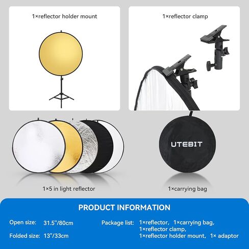 UTEBIT 35"x47" Photography Reflector with Stand, Include Clamp&Carrying Bag | 5-in-1 Oval Foldable Reflector, Translucent/Silver/Gold/White/Black Photography Reflector for Studio&Outdoor Lighting in Saudi Arabia