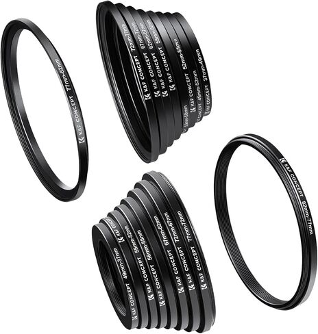 K&F CONCEPT 18 Pieces Filter Ring Adapter Set | Camera Lens Filter Metal Stepping Rings Kit (Includes 9pcs Step Up Ring Set + 9pcs Step Down Ring Set) Black-FP710 in Kuwait
