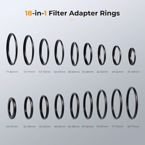 K&F CONCEPT 18 Pieces Filter Ring Adapter Set | Camera Lens Filter Metal Stepping Rings Kit (Includes 9pcs Step Up Ring Set + 9pcs Step Down Ring Set) Black-FP710 in Kuwait