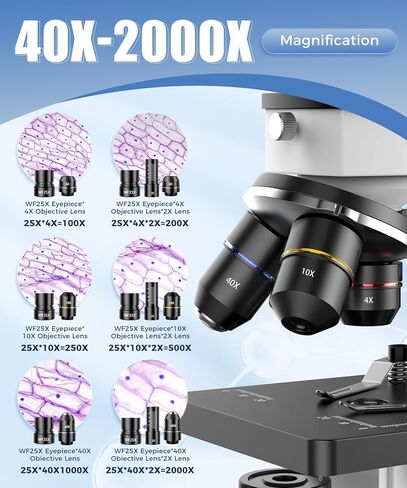 PalliPartners Compound Microscope for Adults & Students - 100X-2000X High-Power Biological Microscope for Students, School Lab & Home Education, with Slides Set & Phone Adapter (White) | 100X-2000X High-Power, Biological Microscope, School Lab & Home Educ in Kuwait