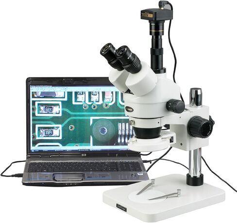 AmScope SM-1TSZZ-144S-5M Digital Professional Trinocular Stereo Zoom Microscope, WH10x and WH20x Eyepieces, 3.5X-180X Magnification, 0.7X-4.5X Zoom Objective, 144-Bulb LED Ring Light, Pillar Stand, 110V-240V, Includes 0.5X and 2.0X Barlow Lenses and 5MP C in Kuwait