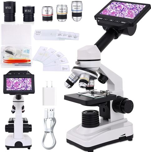 Microscope for Adults & Kids, 40X-2500X High-Power Compound Microscope for Students, School Lab & Home Schooling,Equiped with Slides Set & Phone Holder (Light White) in Kuwait